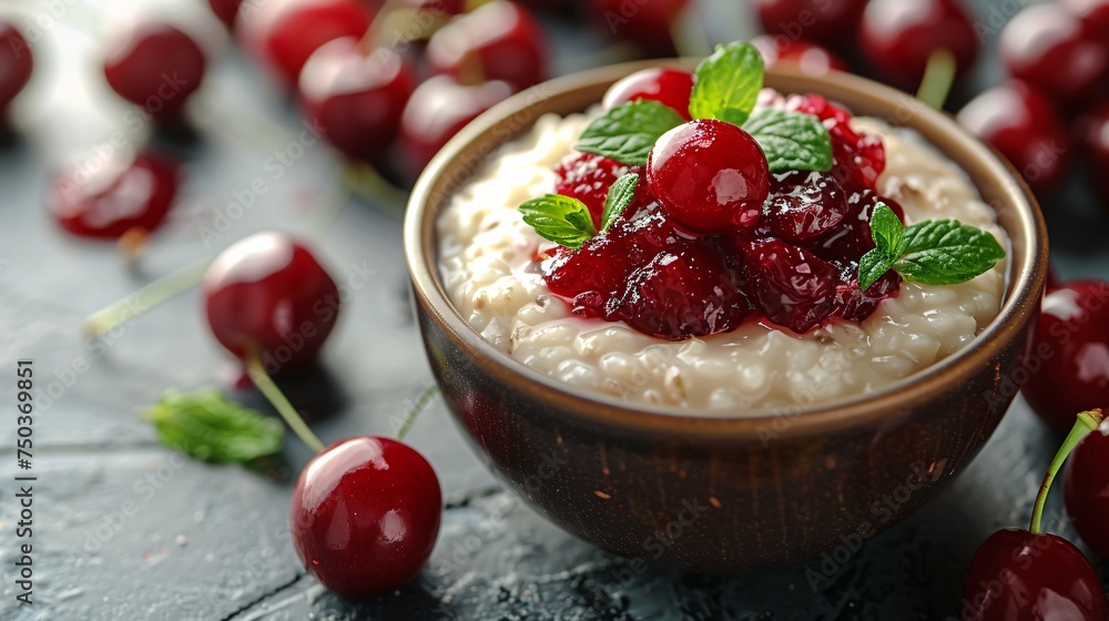 A bowl of rice pudding or porridge topped with cherry preserves on a concrete surface, with room for customization. A bowl of rice pudding or porridge topped with cherry preserves on a concrete surface, with room for customization.