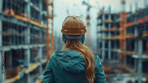 Female Engineer Overlooking Construction Site. Rear view of a female engineer with a safety helmet observing a busy construction site, representing progress and development.