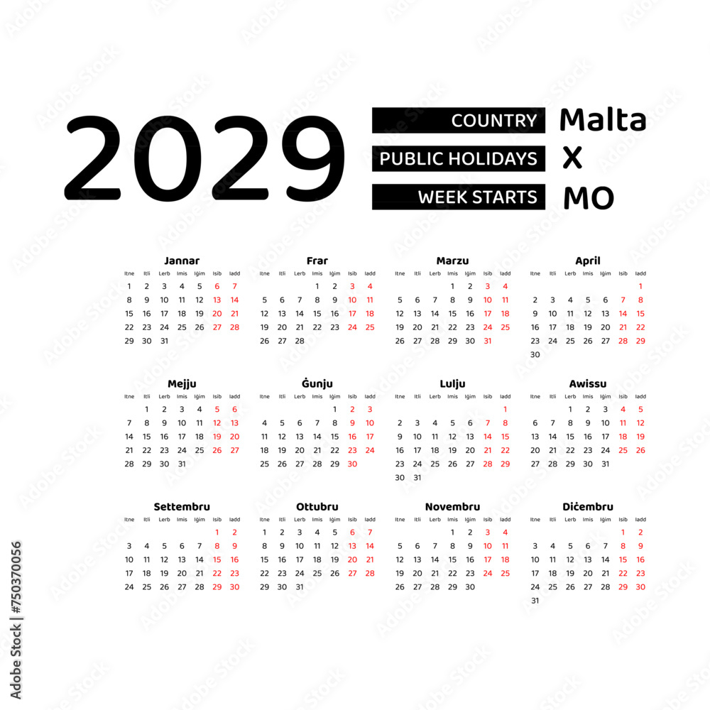 Calendar 2029 Maltese language with Malta public holidays. Week starts from Monday. Graphic design vector illustration. Calendar 2029 Maltese language with Malta public holidays. Week starts from Monday. Graphic design vector illustration.