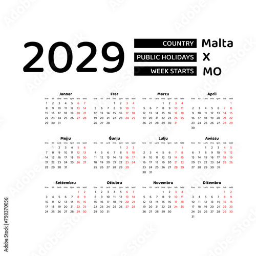 Calendar 2029 Maltese language with Malta public holidays. Week starts from Monday. Graphic design vector illustration.