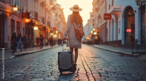 A female traveler strolling with luggage in a European city for tourism. photo