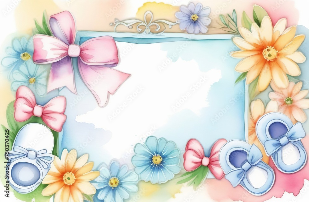 Baby born frame with draw flowers, bow, baby bottle and booties. Watercolor pastel frame mockup, blank border for pregnancy announcement design, name sign, childbirth art presentation template. Blank Baby born frame with draw flowers, bow, baby bottle and booties. Watercolor pastel frame mockup, blank border for pregnancy announcement design, name sign, childbirth art presentation template. Blank