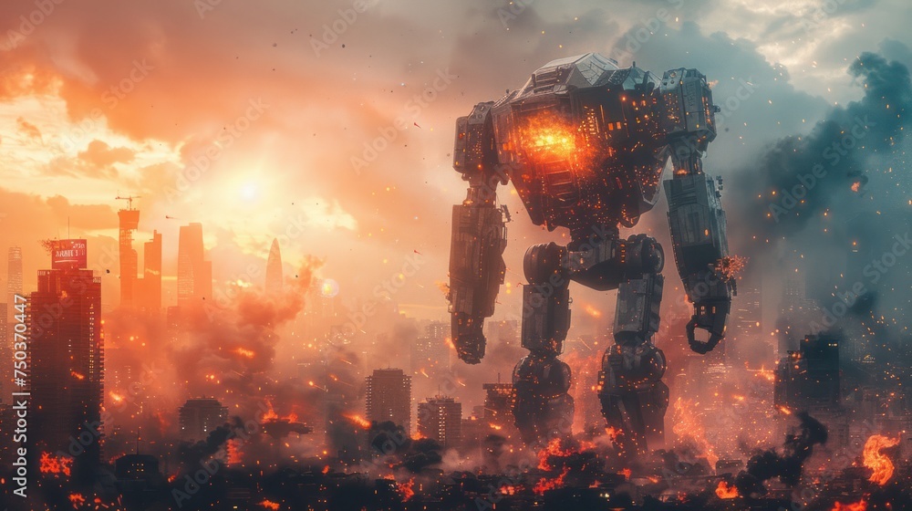 A huge futuristic robot battles with a burning city as the backdrop.