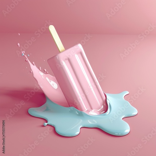 Engaging 3D render of a pink popsicle making a splash on a glossy blue surface, symbolizing coolness and fun