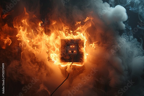 Electric outlet and cord engulfed in flames and plumes of smoke. photo