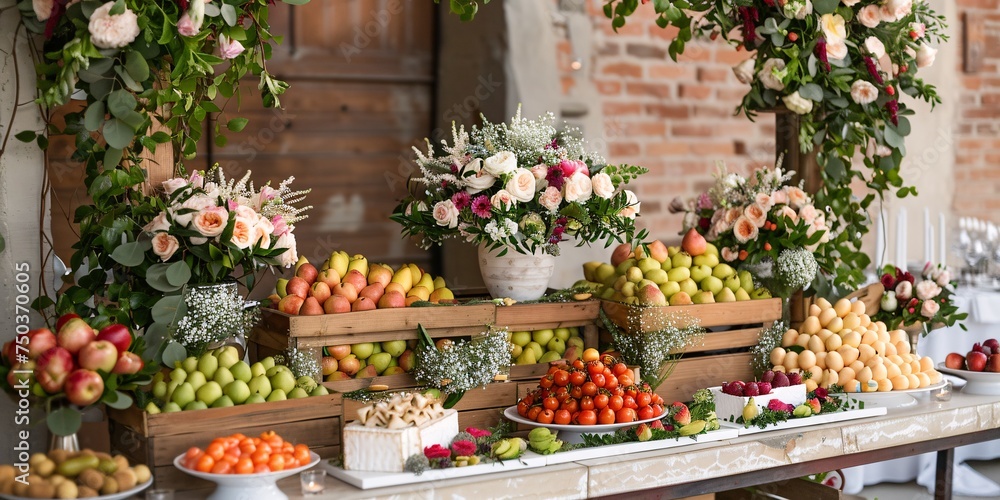 Elegant wedding reception with a food display of fruits, cheese, and bread in decorative boxes, accented by flower and lantern arrangements.