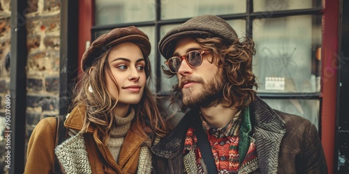 Trendy couple at the weekly market - Companions enjoying leisure time together while shopping in the historic district - Sweethearts savoring everyday moments in a retro-style.