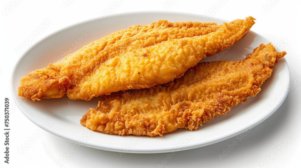 Southern fried catfish fillets with golden crust on a plate, top view isolated on white background. Seafood cuisine concept