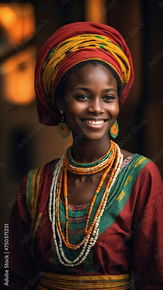Obraz premium Young dark-skinned girl in traditional clothes smiling. Selective focus
