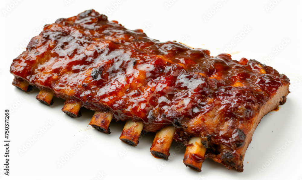 Barbecue ribs with caramelized sauce, top view isolated on white background. Smoky flavor grilling concept
