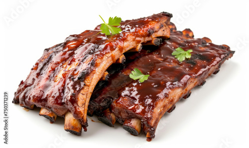 Smoky barbecue ribs with a glossy caramelized sauce, top view isolated on white background. Rich grilling tradition concept