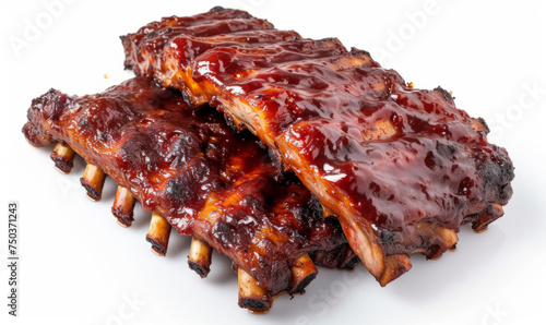 Smoky barbecue ribs with a glossy caramelized sauce, top view isolated on white background. Rich grilling tradition concept