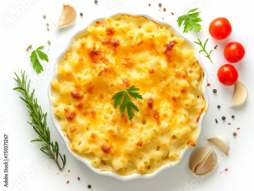 Baked macaroni and cheese with golden crust, garnished with herbs, surrounded by fresh ingredients, top view isolated on white background. Gourmet dish concept