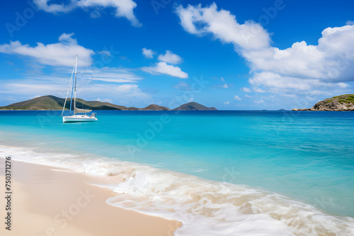 A Picturesque Day at a Serene British Virgin Islands Beach with Azure Sky, Crystalline Ocean, and Lush Vegetation © Tyler