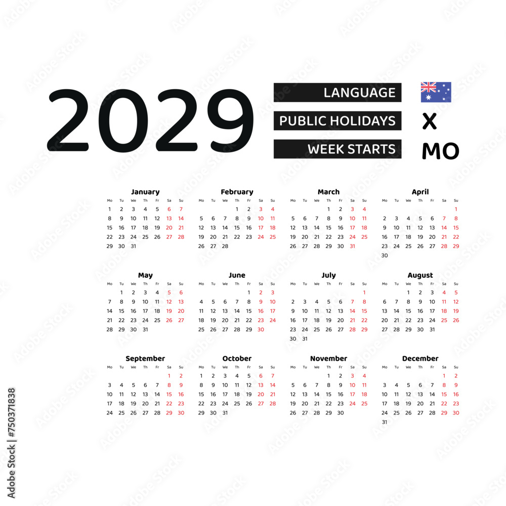 Calendar 2029 English language with Australia public holidays. Week