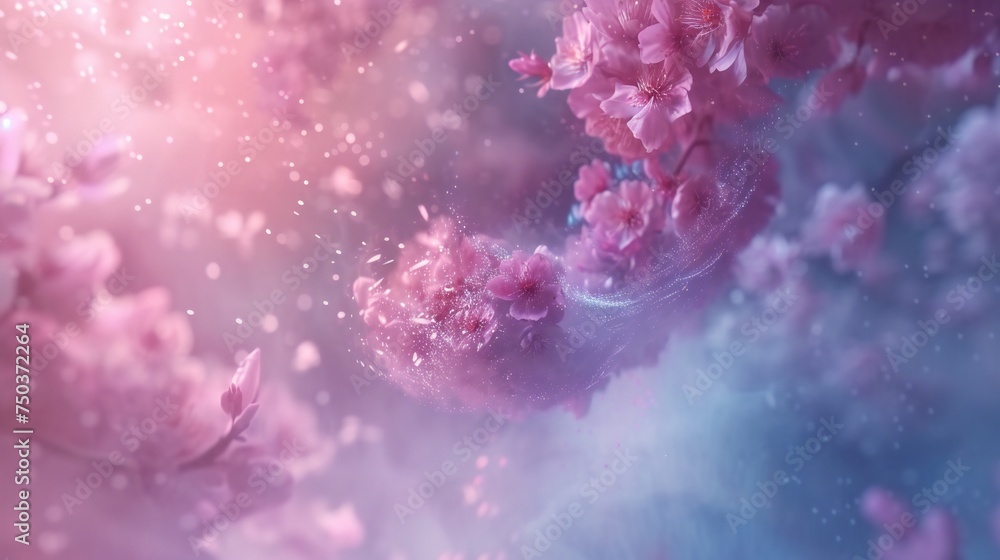 Extreme macro shot transforms sakura blooms into celestial wonders, swirling amidst a cosmic backdrop of calming blending colors.