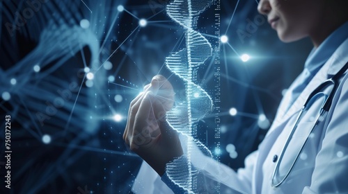 Doctor touching icon DNA. Digital healthcare and medical diagnosis of patient with network connection on modern interface. Healthcare and medical concept  photo