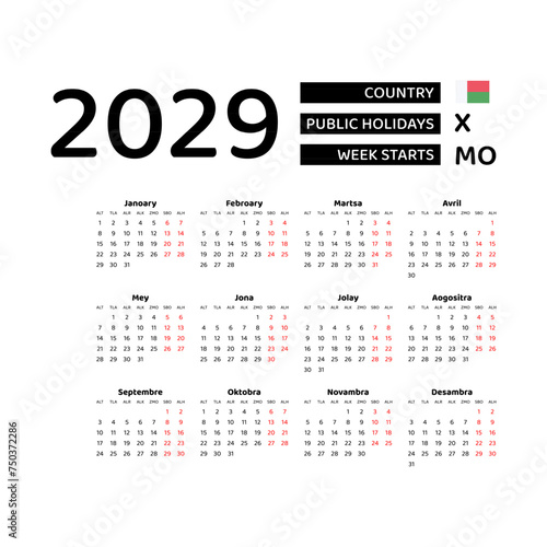 Calendar 2029 Malagasy language with Madagascar public holidays. Week starts from Monday. Graphic design vector illustration.