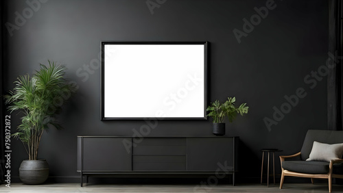 Blank space billboard, blank white signboard in stylish modern living room having houseplants on empty dark wall background, horizontal blank billboard for advertising placement