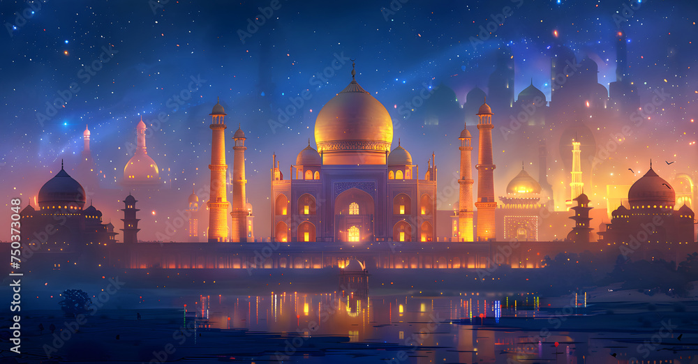 The Taj Mahal shines in the darkness of midnight, illuminated by gas light with a starry sky as its backdrop, creating a symmetrical and breathtaking scene