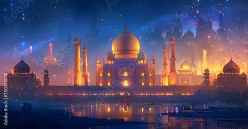 The Taj Mahal shines in the darkness of midnight, illuminated by gas light with a starry sky as its backdrop, creating a symmetrical and breathtaking scene