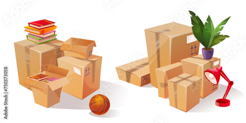 Cardboard boxes with home stuff isolated on white background. Vector cartoon illustration of carton packages, stacks of books, ball, flower pot and lamp, house moving, belongings delivery services