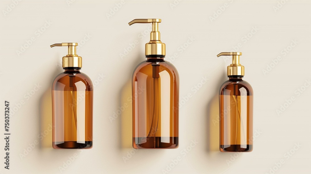 Elegant Amber Glass Cosmetic Bottles with Golden Pumps Isolated Elegant Amber Glass Cosmetic Bottles with Golden Pumps Isolated