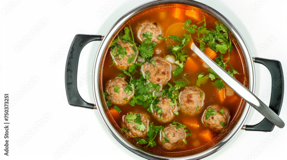 Albondigas Soup, Mexican meatball and vegetable soup, garnished with fresh herbs, top-down view isolated on white background. Homestyle cooking concept. Design for cookbook illustration, cooking class