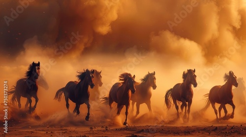 Horse herd run in desert sand storm against dramatic sky 