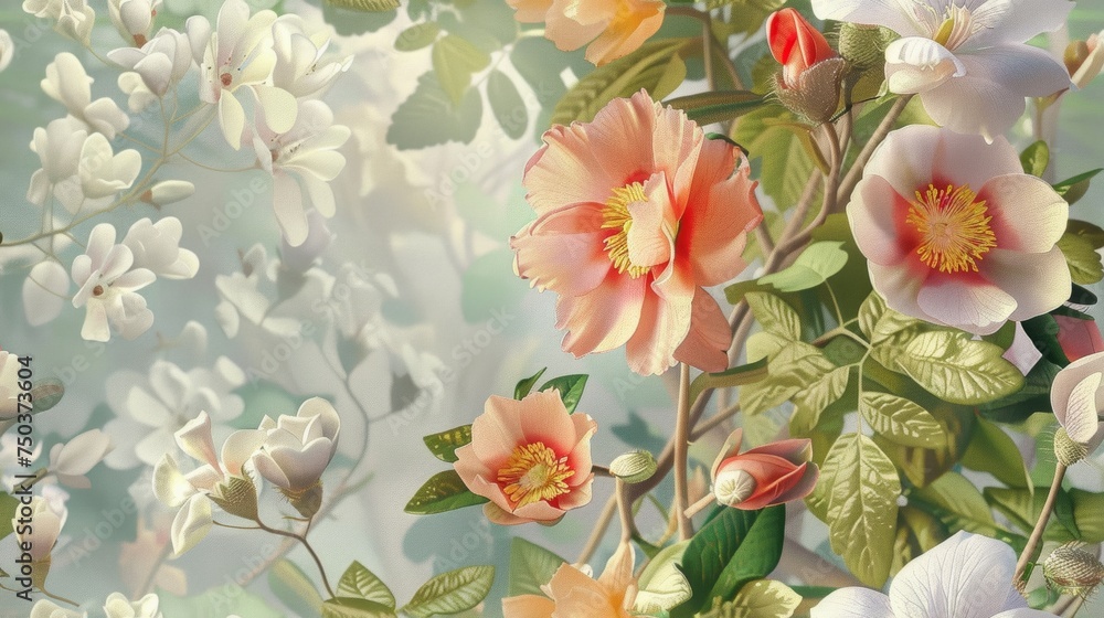 Obraz premium Fashion painting flowers on a light background, pastel flowers, peonies, roses, echeveria succulent, white hydrangea, ranunculus, anemone, eucalyptus, and vector design wedding bouquets