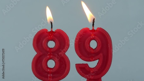 close up on timelapse melting a red number eighty ninth birthday candle on a white background.
 photo