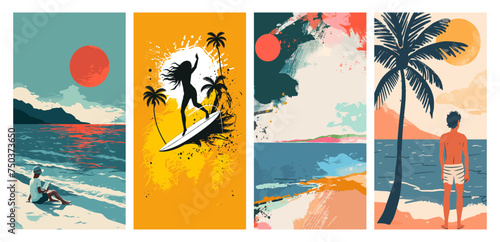 Retro style tropical beach and surfing illustrations