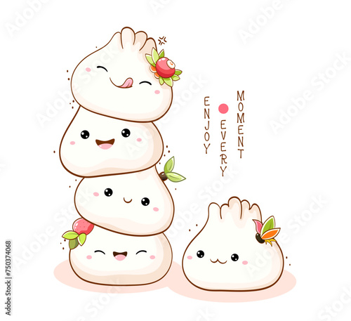 Stack of cute traditional chinese dumpling in kawaii style. Japanese traditional cuisine dishes. Inscription Enjoy every moment. Can be used for t-shirt print, sticker, greeting card. Vector EPS8