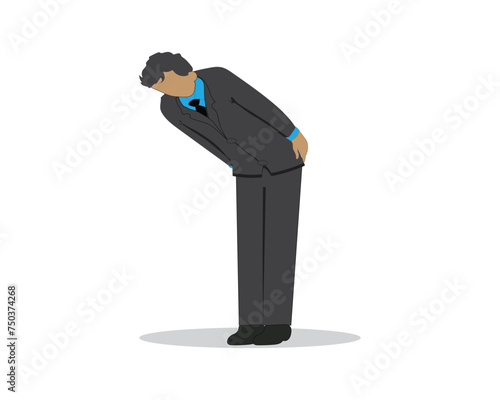 vector design of a man wearing a black shirt or jacket and shoes with a blue collar and wrists bowing as if paying respect