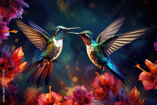Humming birds hovering over brightly colored flowers, Hummingbird hovering over brightly colored flowers, Ai generated