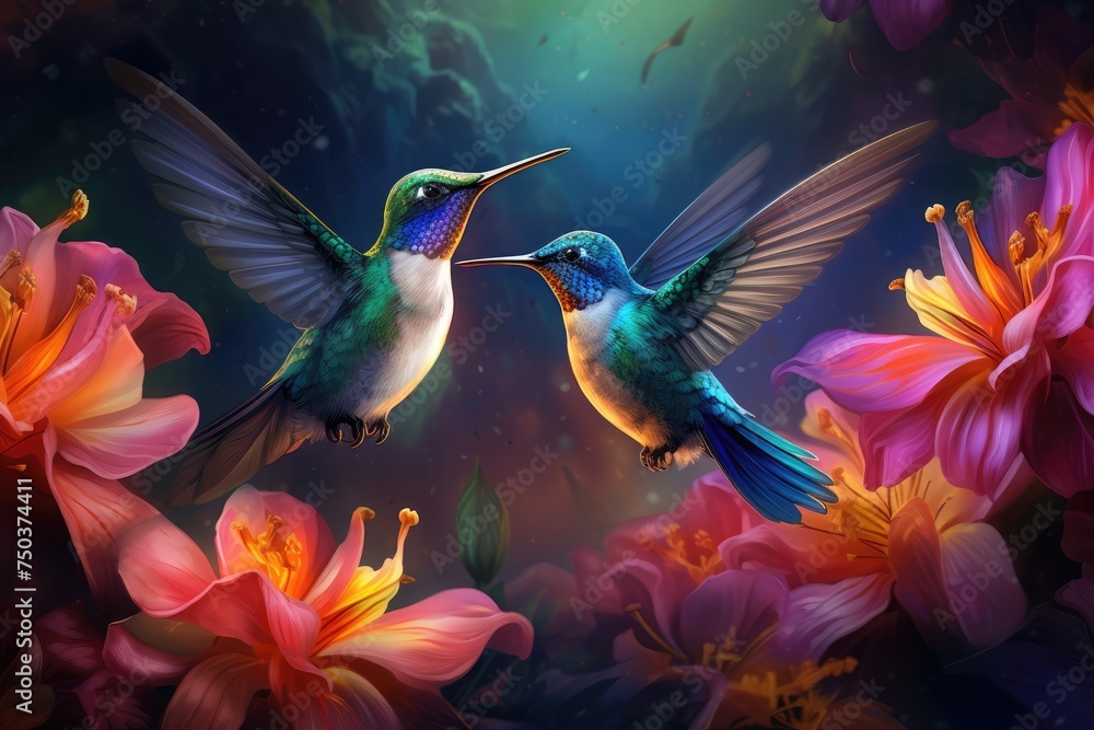 Hummingbirds hovering over brightly colored flowers, Hummingbird hovering near a brightly colored flower, Ai generated Hummingbirds hovering over brightly colored flowers, Hummingbird hovering near a brightly colored flower, Ai generated