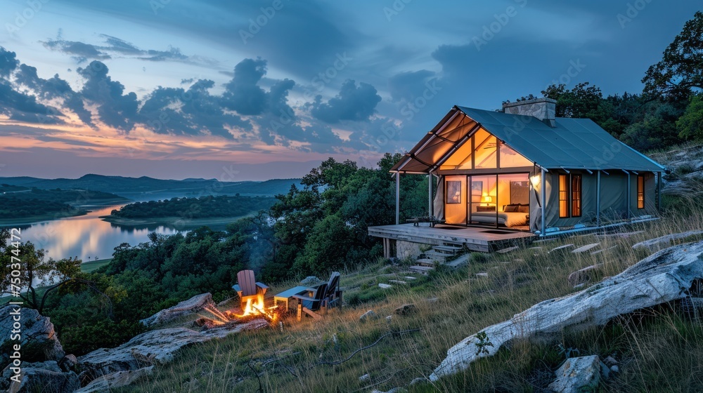 An organic modern safari tent with a large glass window. An organic modern safari tent with a large glass window.