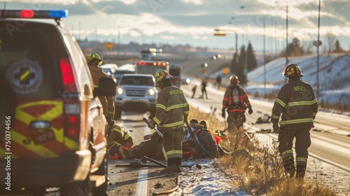 Vehicle accident on highway road. Ambulance goes to the scene of a car accident on the highway