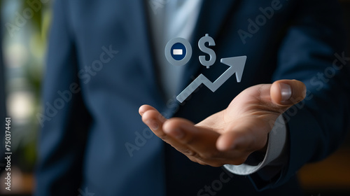 Interest rate and dividend, Businessman hold up arrow icon and percentage with graph indicators for investment growth. business financial investment, business growth, income, marketing and profit.