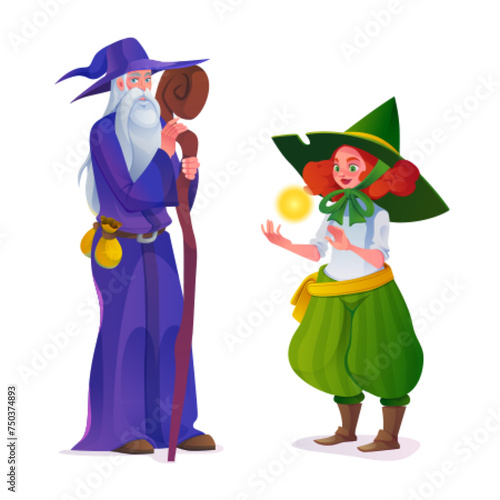 Old wise male druid in purple hood and hat with long grey beard and wood staff standing with young red hair elf in green costume with glowing magic ball in hands. Cartoon vector game ui characters.