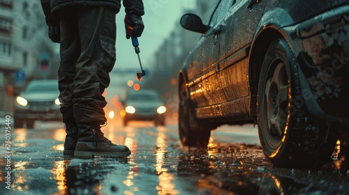 A man in black holds a screwdriver to break locks and steal cars on the street. Social destruction  insurance  car theft concept.