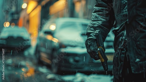 A man in black holds a screwdriver to break locks and steal cars on the street. Social destruction, insurance, car theft concept.