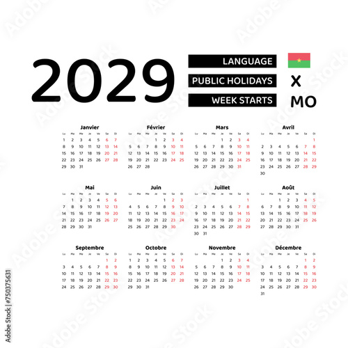 Calendar 2029 French language with Burkina Faso public holidays. Week starts from Monday. Graphic design vector illustration..