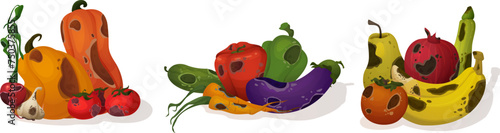 Rotten food isolated on white background. Vector cartoon illustration of waste fruit and vegetable, piles of pumpkin, tomato, bell pepper, carrot, eggplant, banana, pear, orange with brown stains
