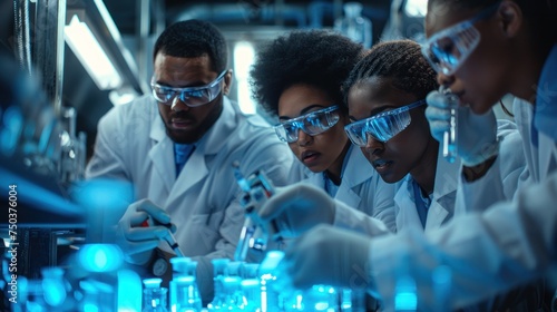 A high-tech lab with microbiology researchers who design, engineer, and develop.