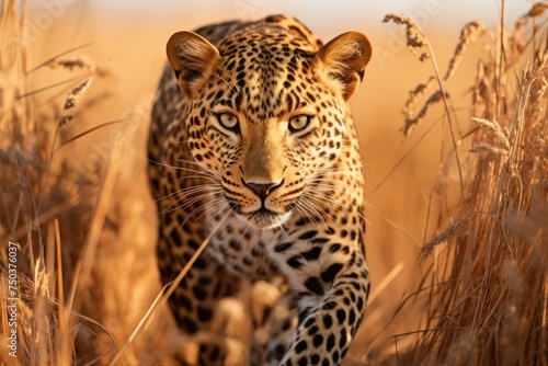 Leopard prowling through the tall grass of the plains. Wild African leopard close up , Ai generated