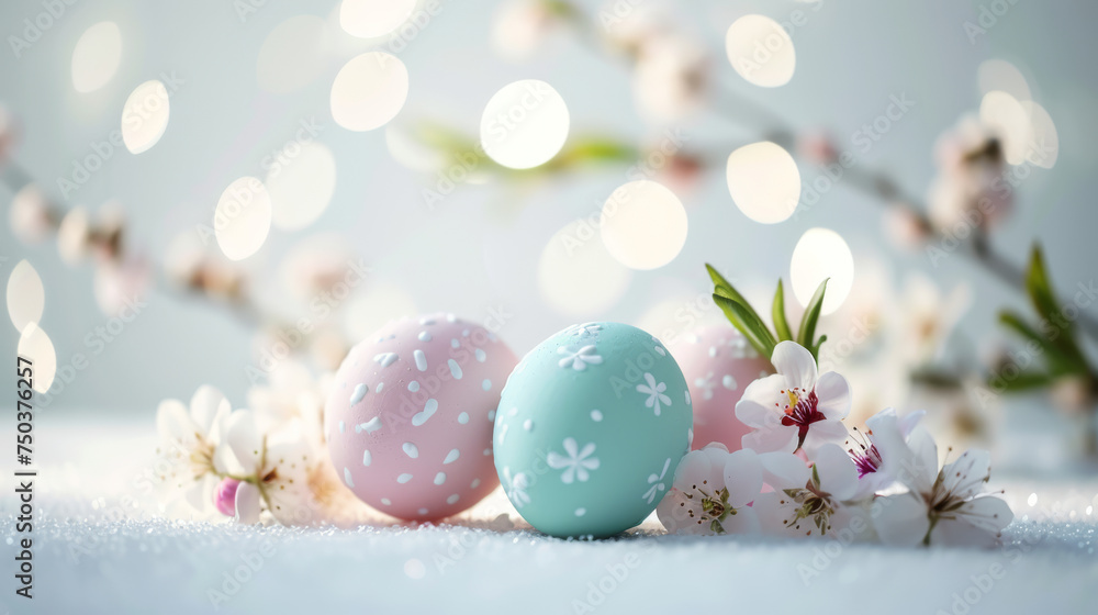 Decorated Easter eggs adorned with delicate spring cherry branches and flowers, symbolizing the beauty and renewal of the spring season. Decorated Easter eggs adorned with delicate spring cherry branches and flowers, symbolizing the beauty and renewal of the spring season.