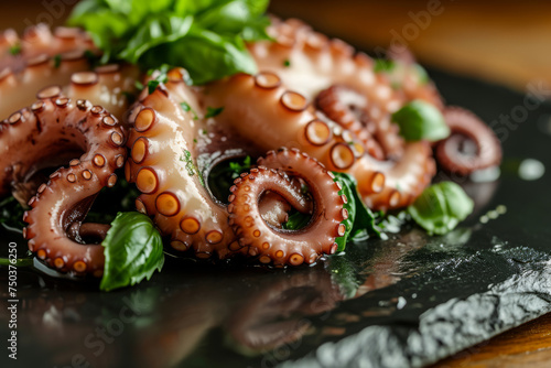 Delicious octopus tentacles seasoned with basil and garlic, elegantly served on a black stone plate, epitomizing seafood indulgence.