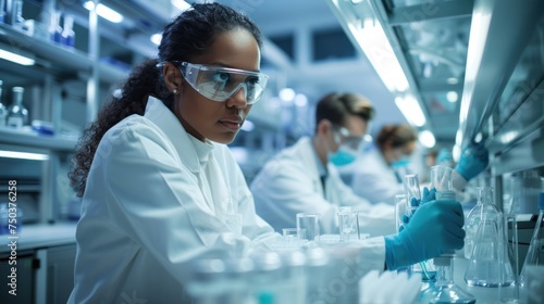 A high-tech lab with microbiology researchers who design, engineer, and develop.