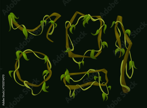 Jungle liana vines with green leaves. Cartoon vector illustration border of rainforest tree creeping branches with foliage. Long ivy climbing plant stem and rope. Tropical hanging vegetation frame.